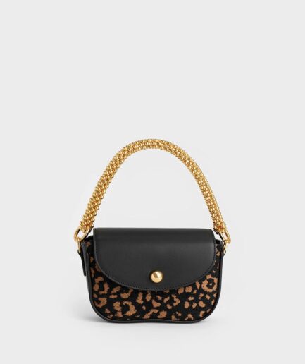 Beaded Metallic Handle Sculptural Bag - Animal Print Black