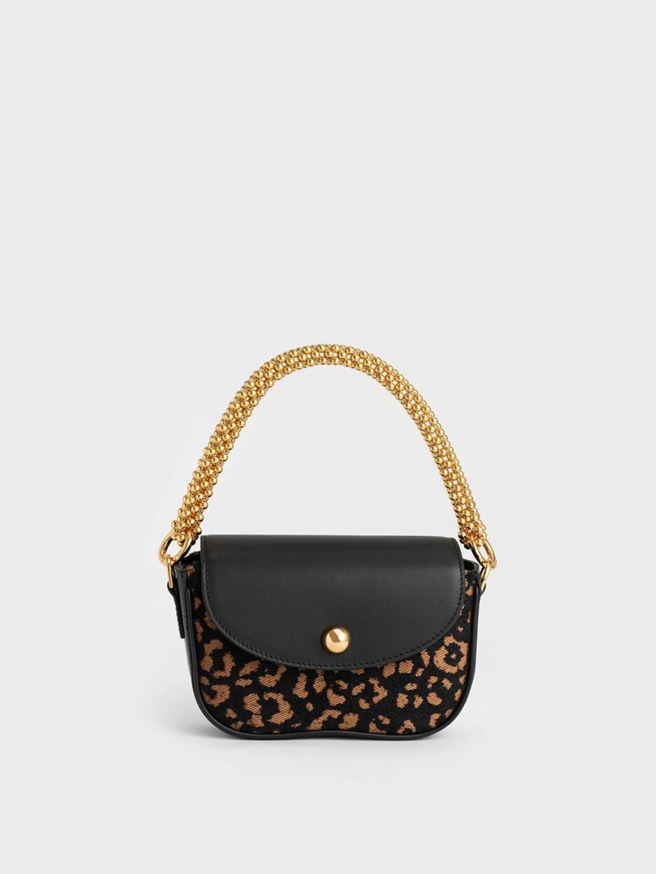 Beaded Metallic Handle Sculptural Bag - Animal Print Black