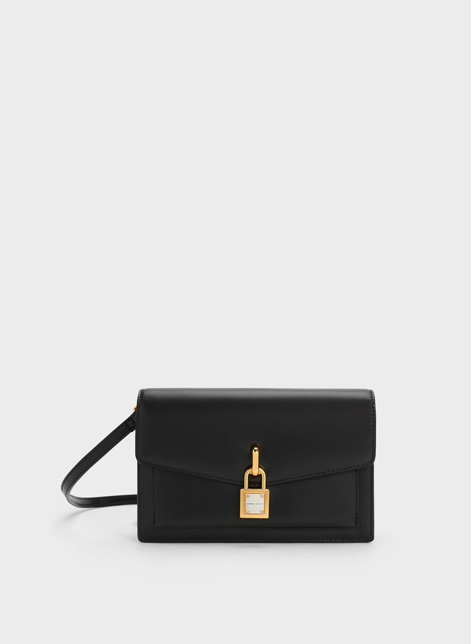 Padlock Envelope Crossbody Bag - Black