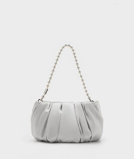 Satin Ruched Bead-Handle Bag - Silver