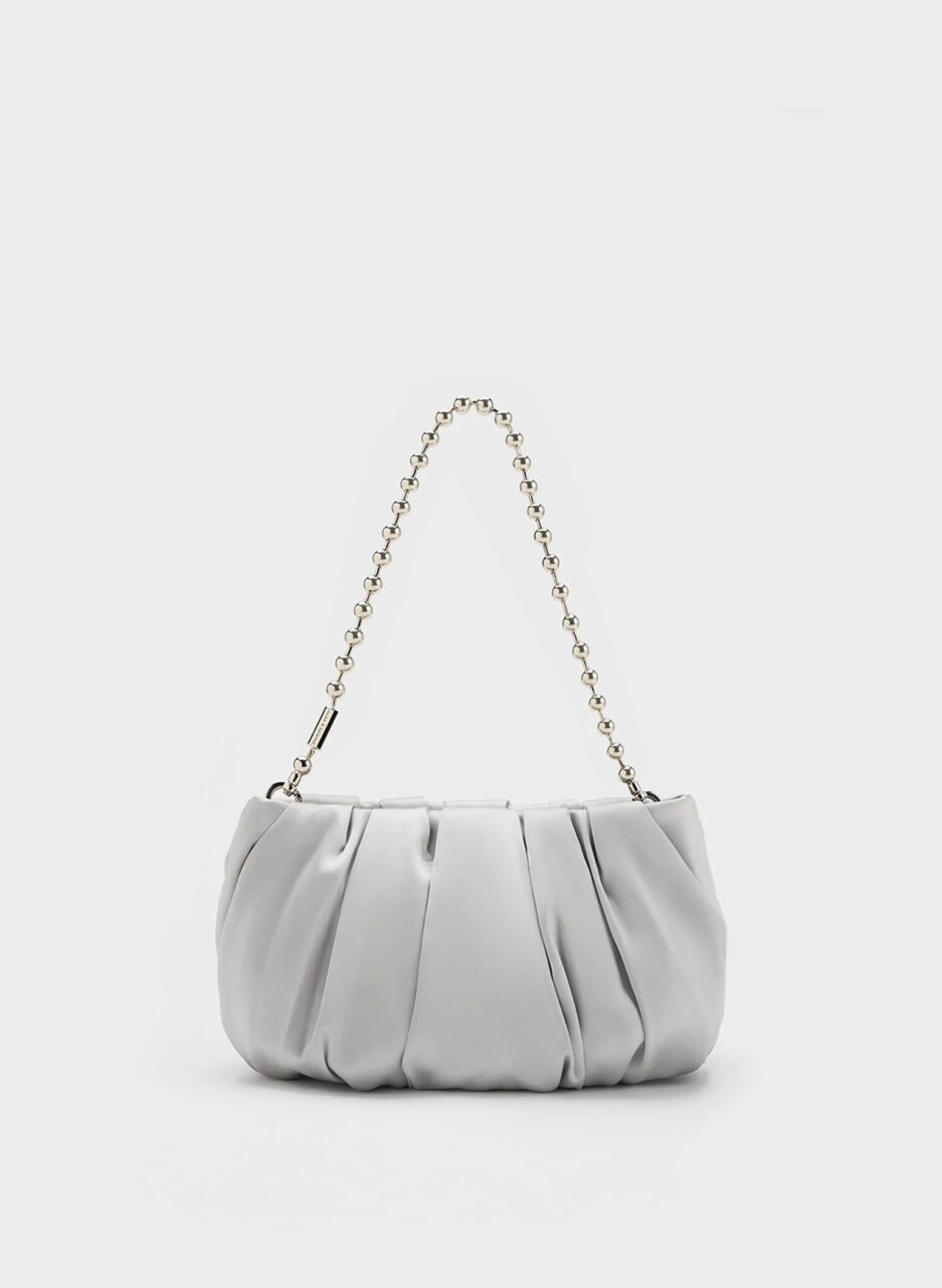 Satin Ruched Bead-Handle Bag - Silver
