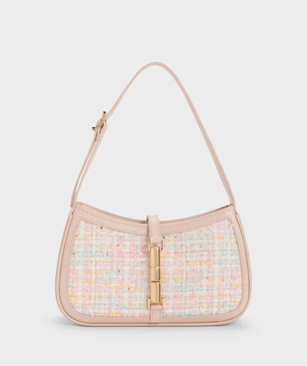 Cesia Metallic Accent Tweed Shoulder Bag - Pink