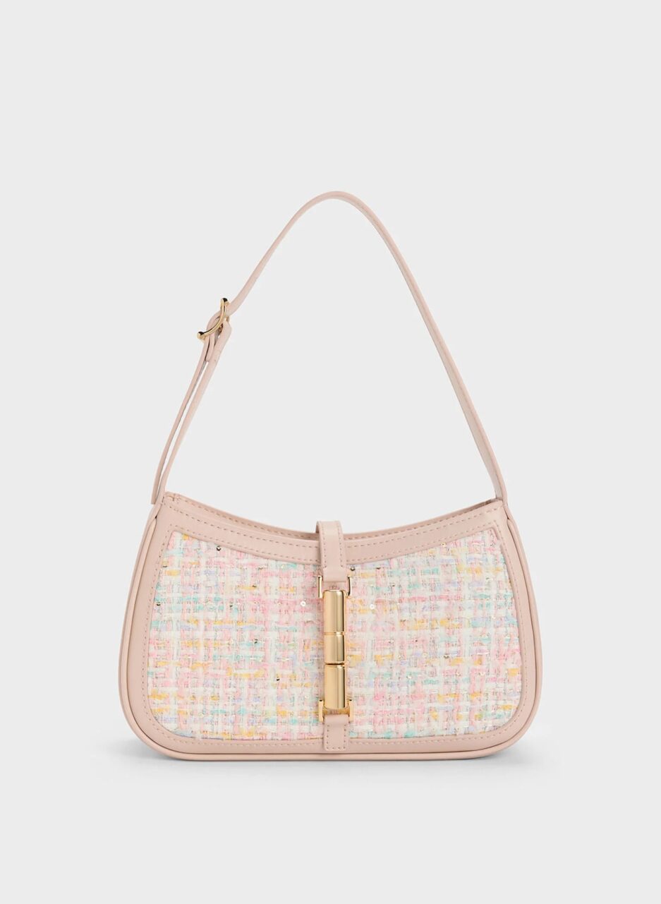 Cesia Metallic Accent Tweed Shoulder Bag - Pink