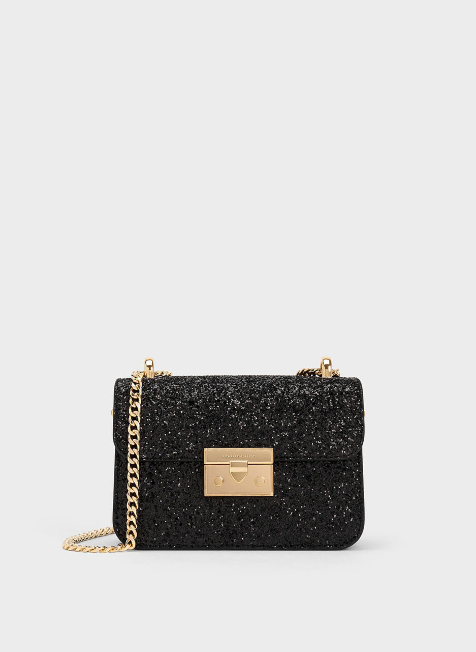 Glittered Push-Lock Chain-Handle Bag - Black