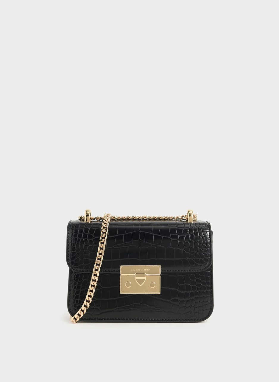 Croc-Effect Chain Strap Crossbody Bag - Black