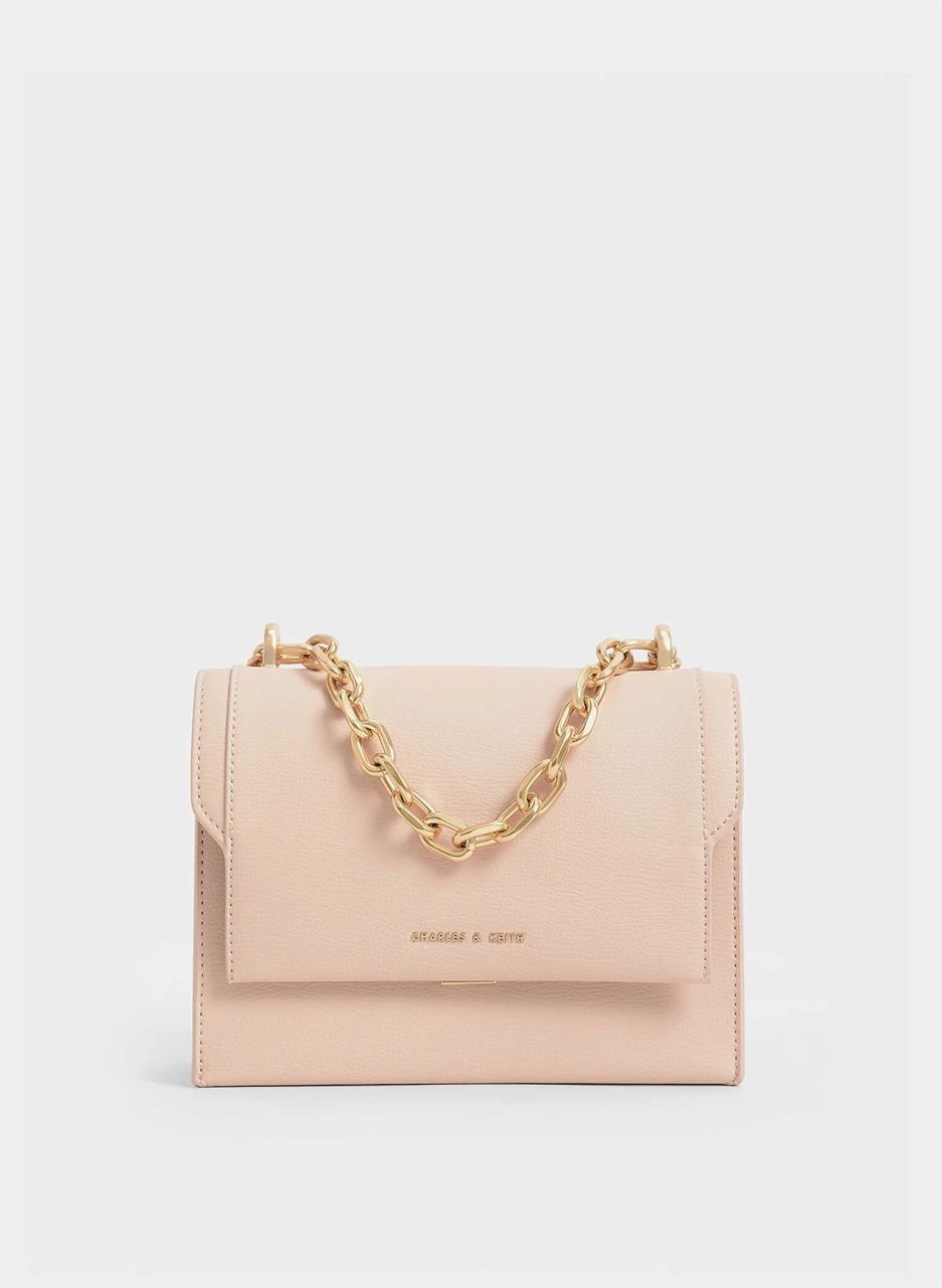 Front Flap Chain Handle Crossbody Bag - Light Pink