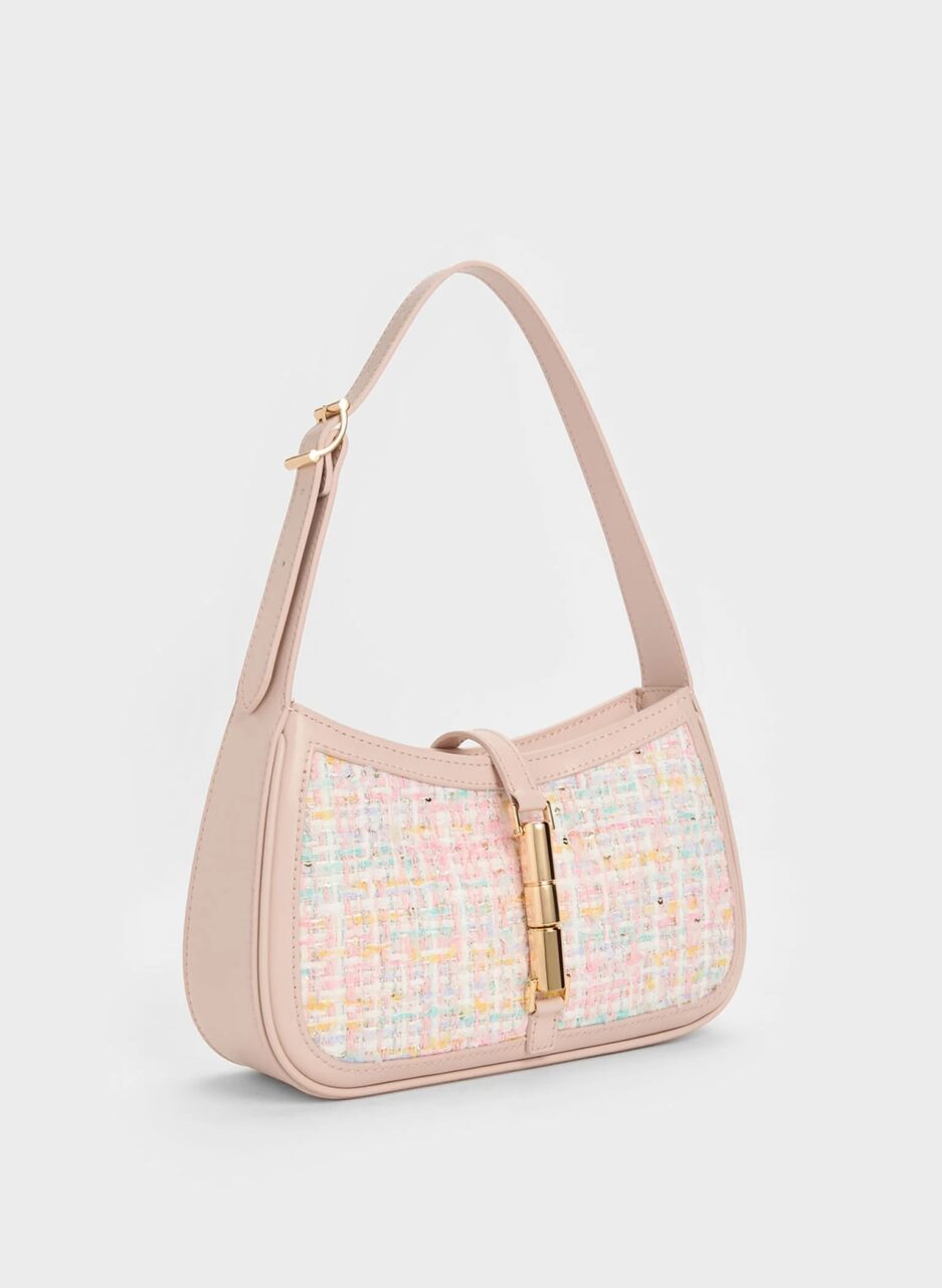 Cesia Metallic Accent Tweed Shoulder Bag - Pink - 图片 2
