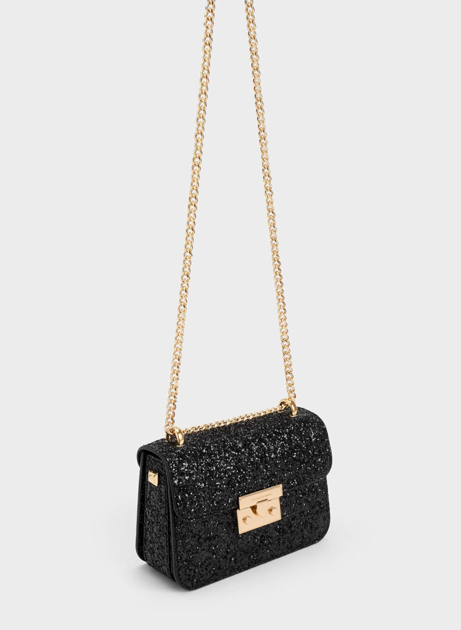 Glittered Push-Lock Chain-Handle Bag - Black - 图片 2