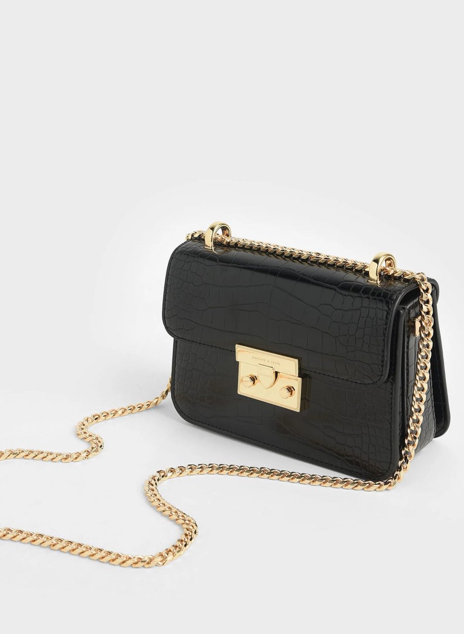 Croc-Effect Chain Strap Crossbody Bag - Black - 图片 2