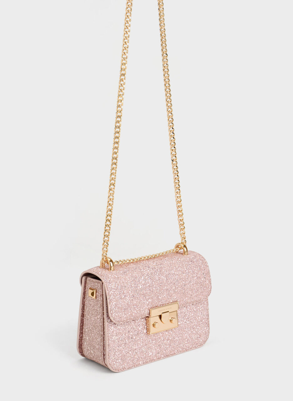 Glittered Push-Lock Chain-Handle Bag - Blush - 图片 3