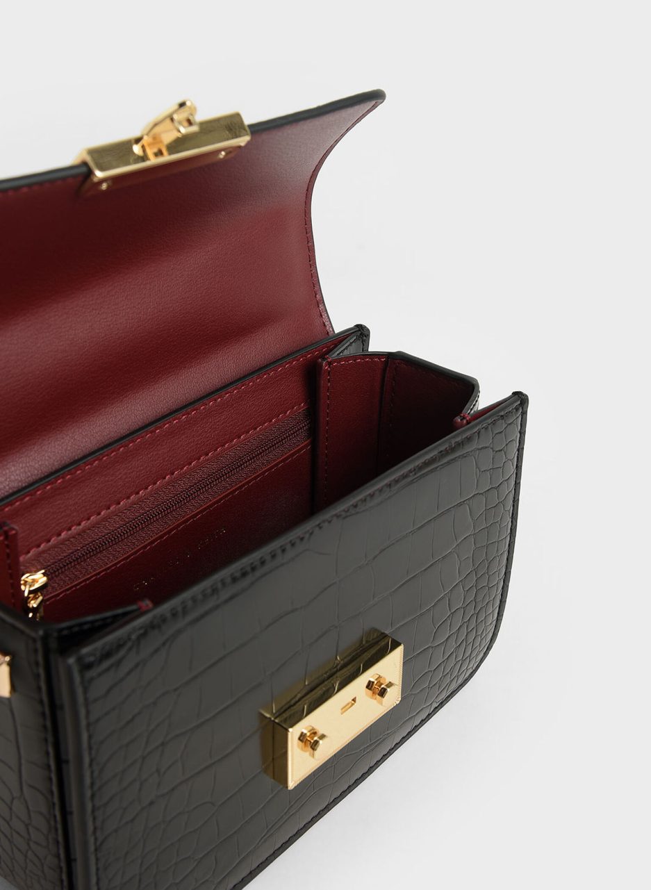 Croc-Effect Chain Strap Crossbody Bag - Black - 图片 3