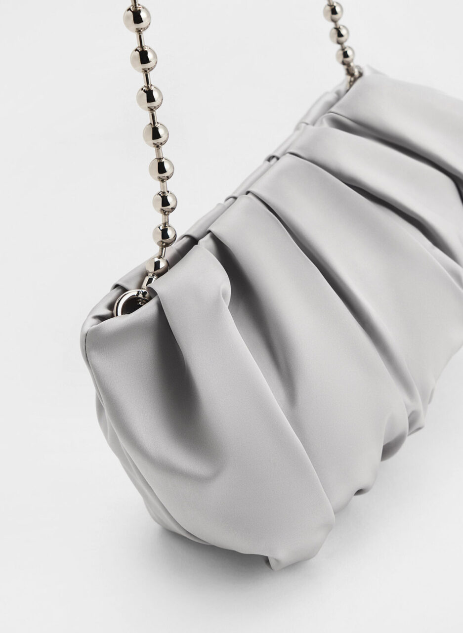 Satin Ruched Bead-Handle Bag - Silver - 图片 4