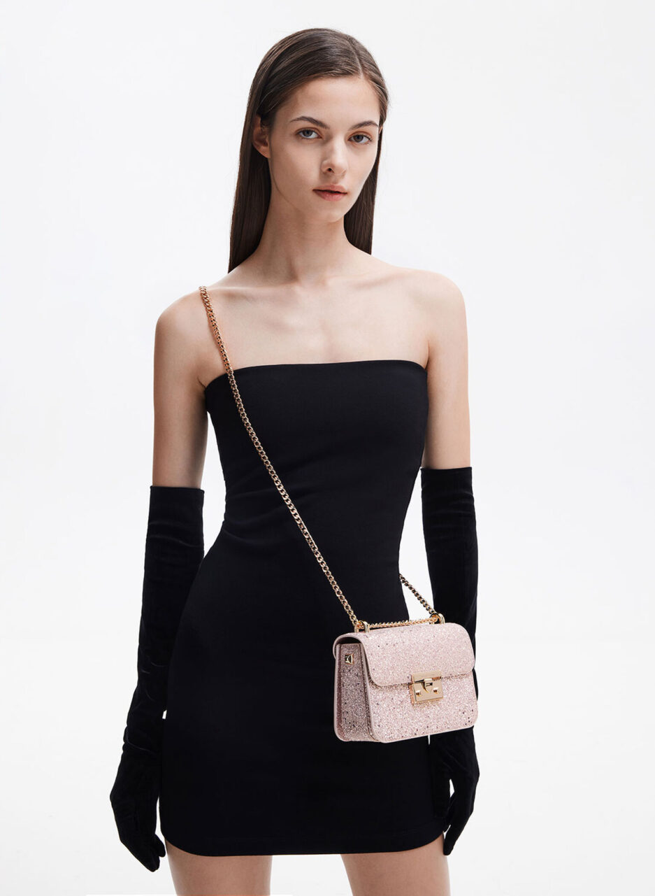 Glittered Push-Lock Chain-Handle Bag - Blush - 图片 4